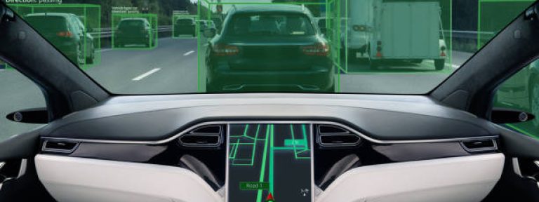 Self driving car on a road. Autonomous vehicle. Inside view.